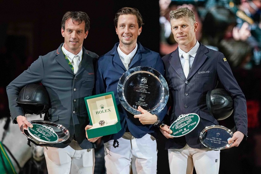 The Rolex Grand Prix Podium at CHI Geneva  From left to right: Harrie Smolders (NED), Martin Fuchs (SUI) and Max Kühner (AUT).  Photo: www.scoopdyga.com