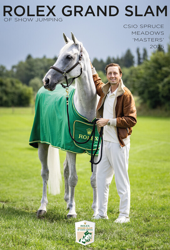 Magazine Cover for the Spruce Meadows 'Masters' with Martin Fuchs standing next to his grey gelding Leone Jei, who is wearing a green winners blanket