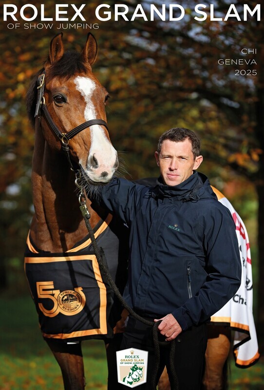Cover of the Rolex Grand Slam Magazine for the CHI Geneva 2025 showing Scott Brash and Hello Jefferson