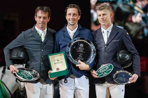 The Rolex Grand Prix Podium at CHI Geneva From left to right: Harrie Smolders (NED), Martin Fuchs (SUI) and Max Kühner (AUT). Photo: www.scoopdyga.com